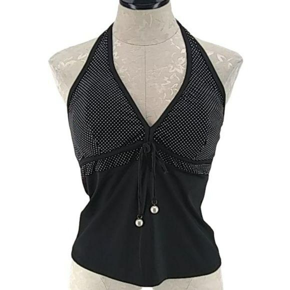 Tropical Escape‎ Women's Black Polka Dot Halter Tankini Swimsuit Top Size 10 - Picture 1 of 8